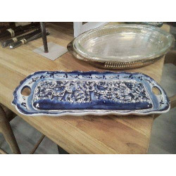 PLAT A CAKE BLEU BLANC OISEAUX