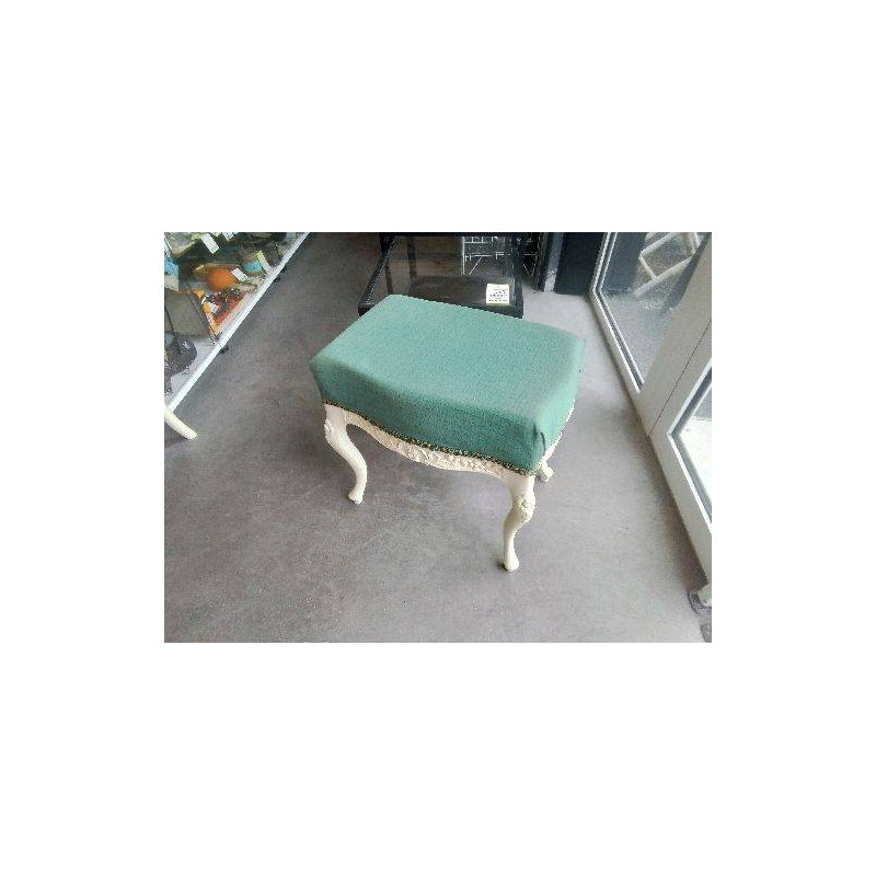 TABOURET ANCIEN PEINT BLANC TISSU VERT