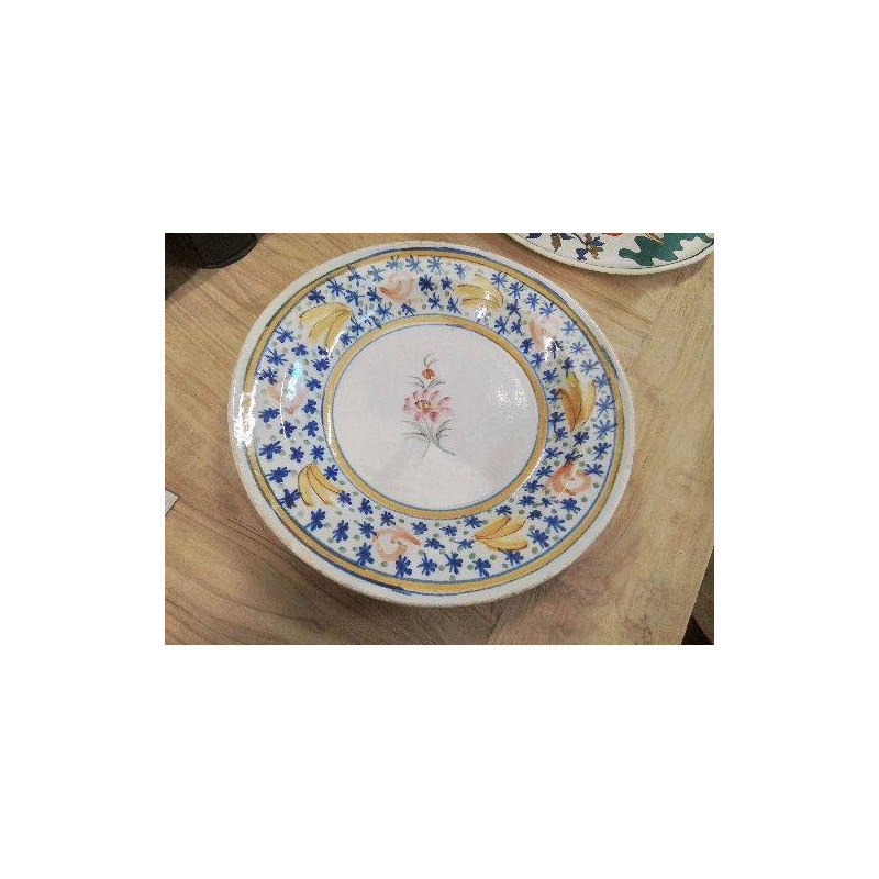 PLAT ANC CREUX DECOR BLEU JAUNE FLEUR ROUGE