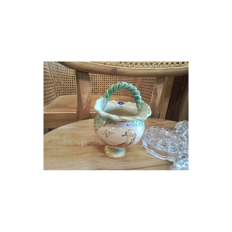 ANCIEN PANIER CERAMIQUE ÉMAILLÉE VERTE OISEAU