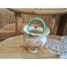 ANCIEN PANIER CERAMIQUE ÉMAILLÉE VERTE OISEAU