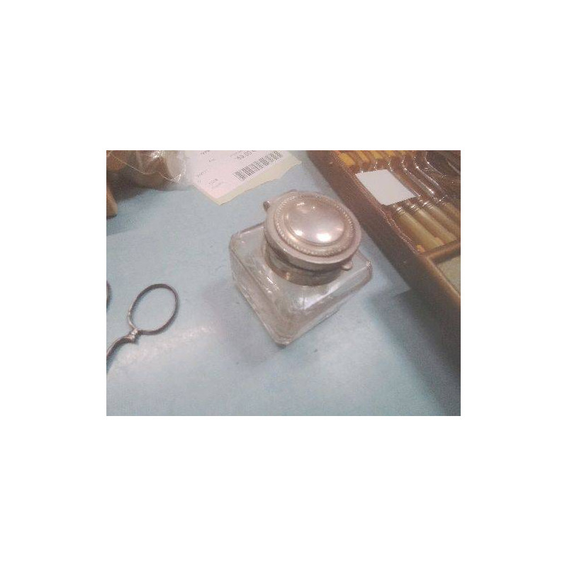 ENCRIER ANCIEN VERRE BOUCHON METAL