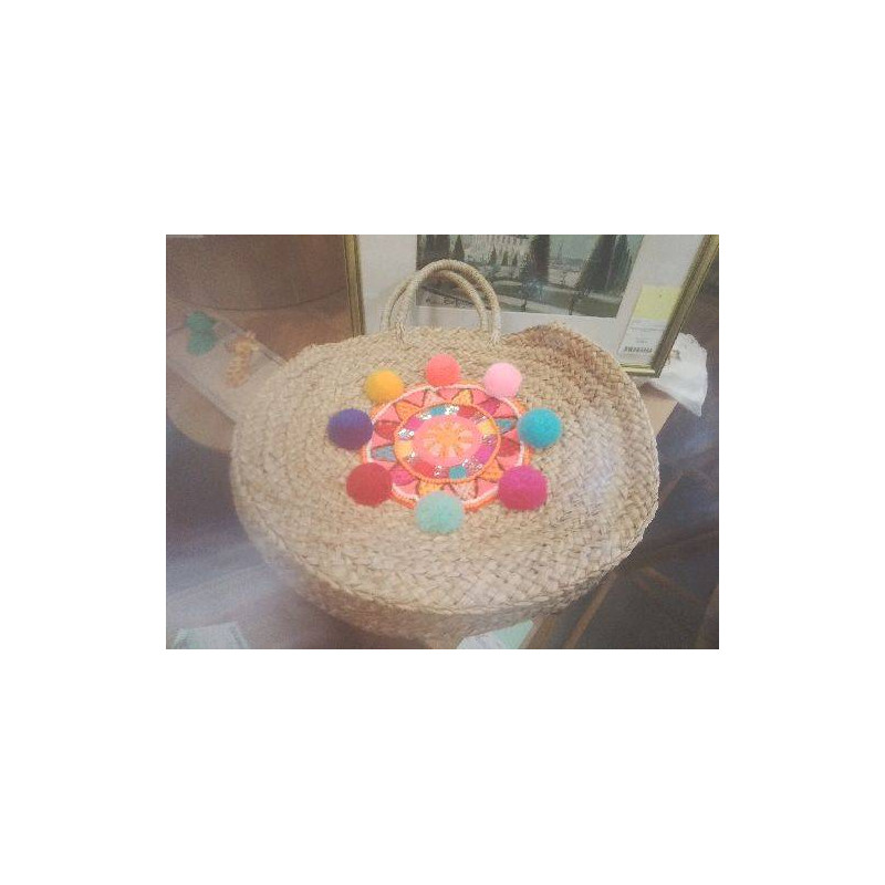 PANIER SAC POMPONS ROND A POIGNEES CABAS