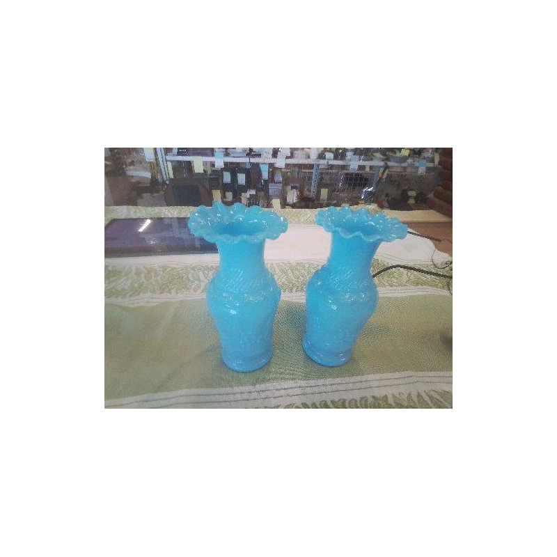 DUO VASES OPALINE SOUFFLEE BLEUE PM