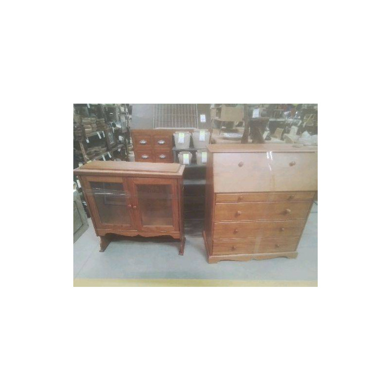 SECRÉTAIRE VITRINE BUFFET DEUX CORPS PIN MASSIF