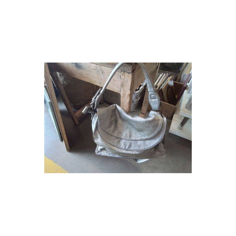 SAC A MAIN CUIR GRIS DOUBLE POCHETTE ACC BB INT TISSU BLEU