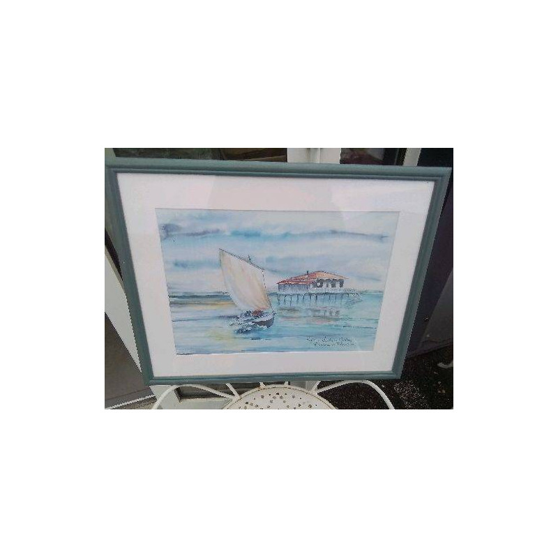 CADRE BLEU REPRO AQUARELLE CABANE TCHANQUEE
