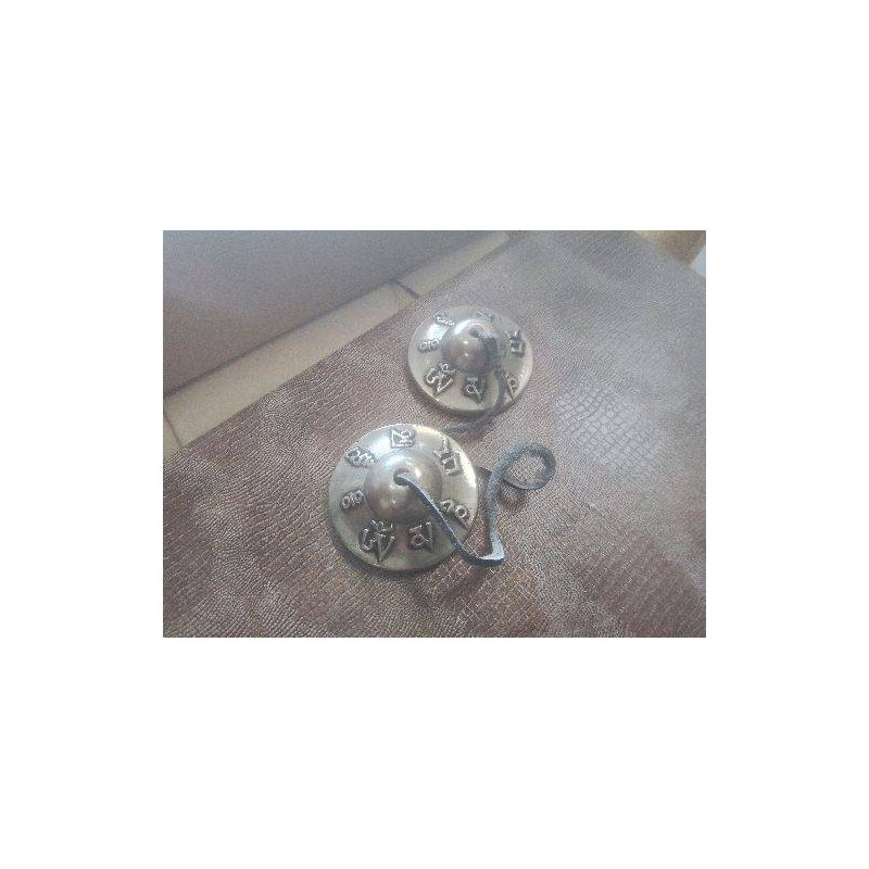 PAIRE DE CYMBALES TIBET NEPAL BRONZE ARGENTÉ AVEC HOUSSE 