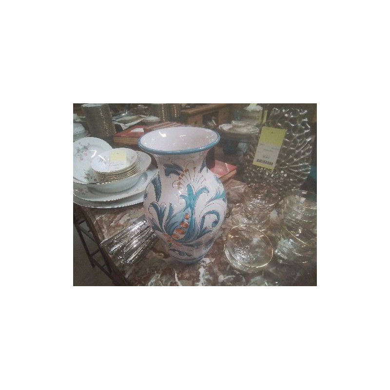 VASE BLANC FLEURI BLEU OCRE