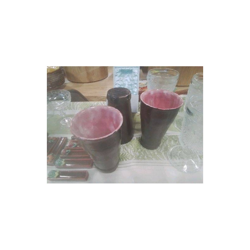 LOT 3 VERRES VASES POTERIE EMAILLEE NOIR ROSE