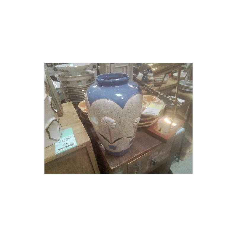 VASE BLEU BEIGE FLEURS