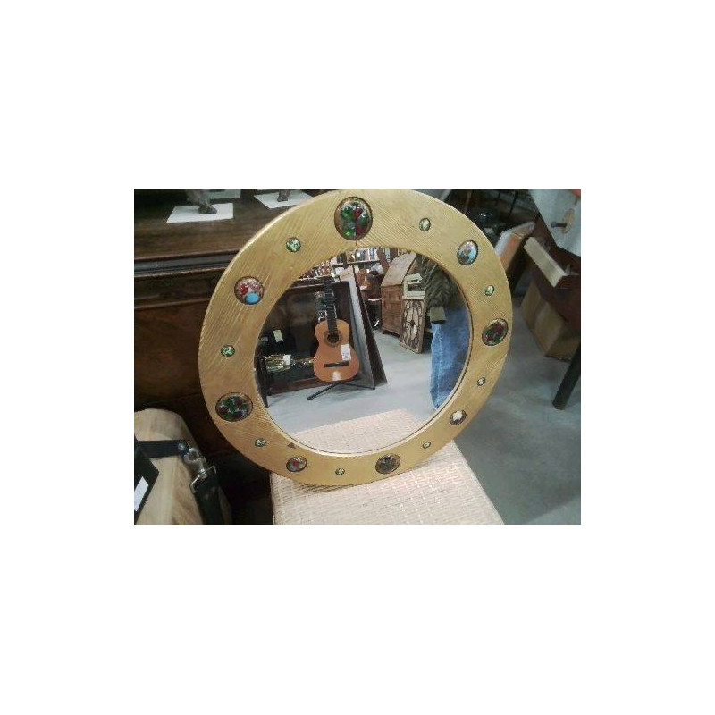 MIROIR ROND DORÉ PLAQUES ÉMAILLÉES COULEURS 