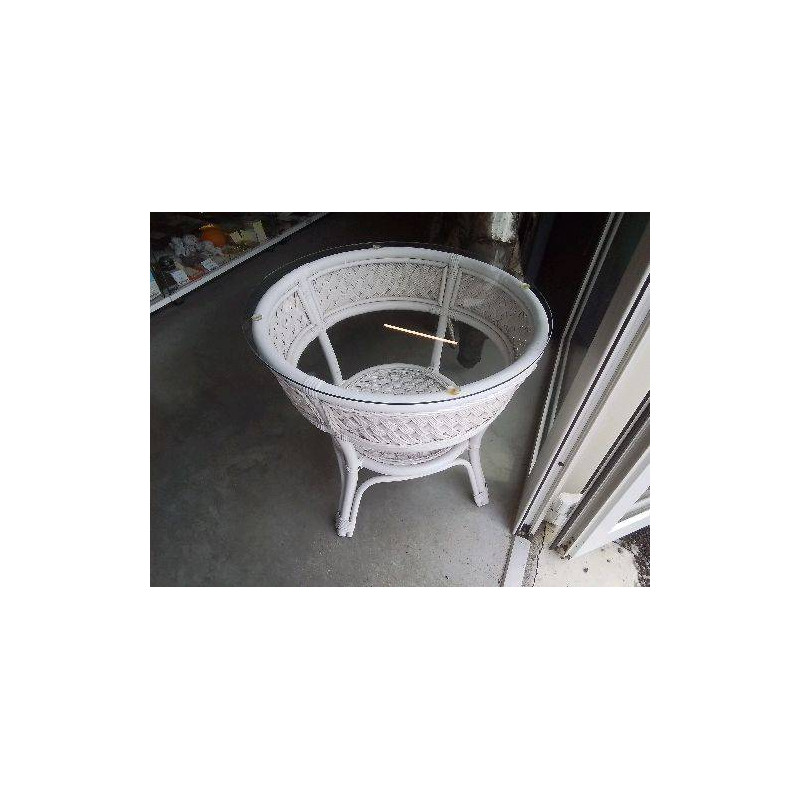 TABLE BASSE ROTIN BLANC DESSUS VERRE