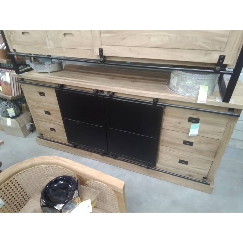 12/ME602-BUFFET TECK 2*3 TIROIRS PORTES METAL 200*50*HT 90 CM