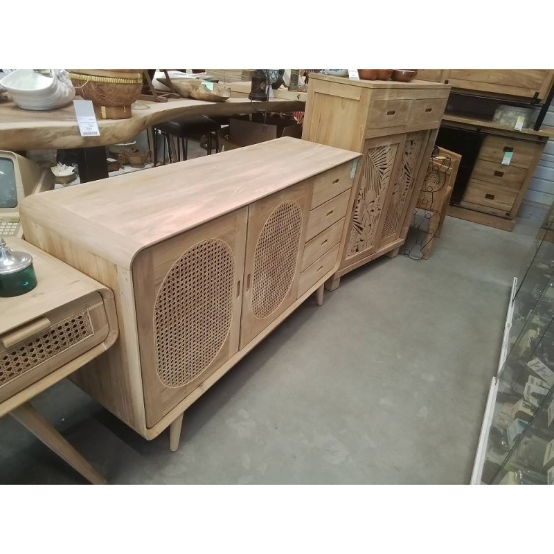 38.16/CND1-BUFFET TECK ROTIN 2 PORTES 4 TIROIRS 150*45*HT 90CM