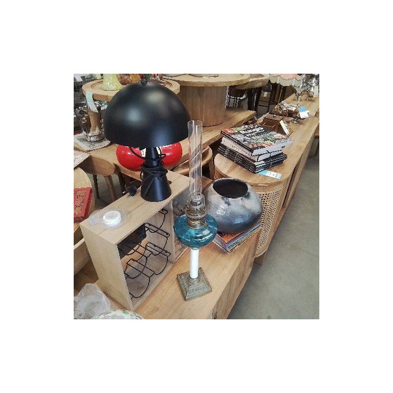 LAMPE PETROLE BOULE BLEUE PIED DORÉ 