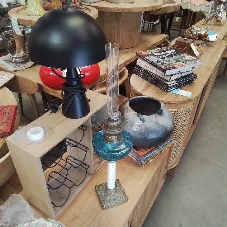 LAMPE PETROLE BOULE BLEUE PIED DORÉ 